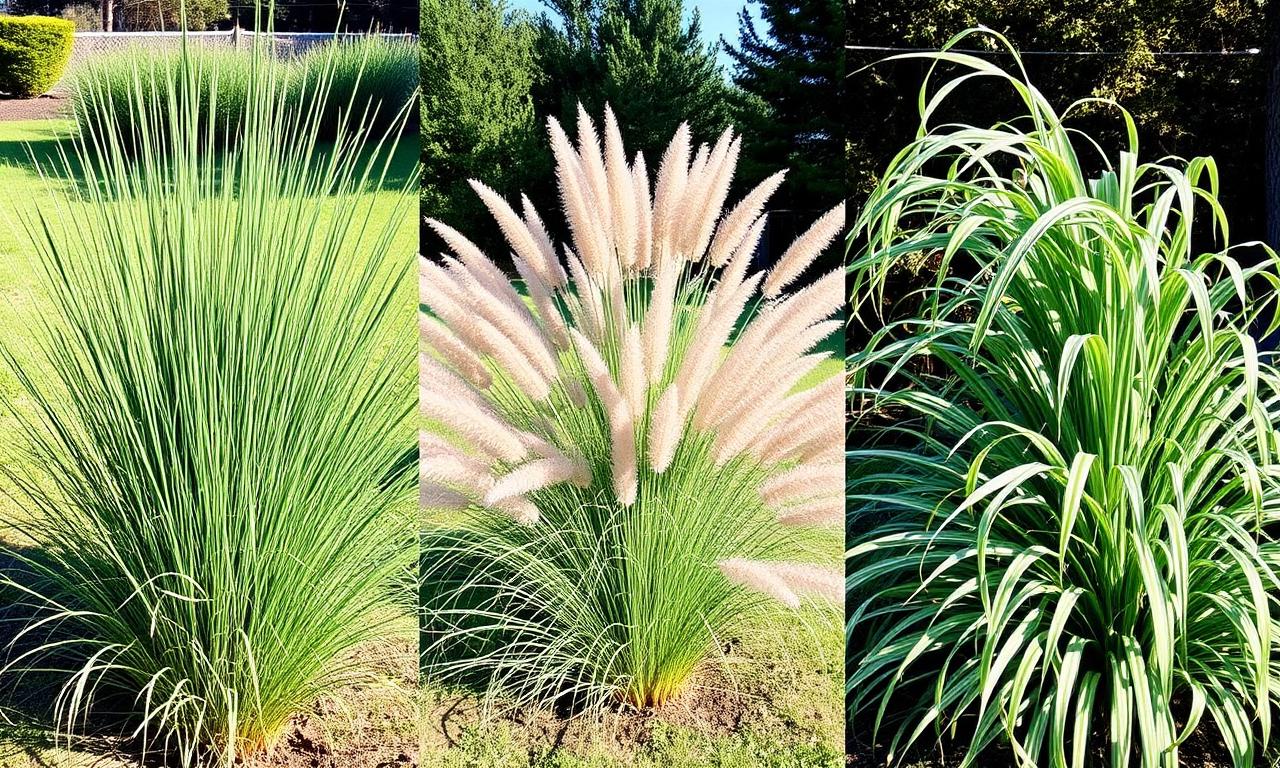 Side-by-side comparison of vetiver, pampas, and miscanthus ornamental grasses.