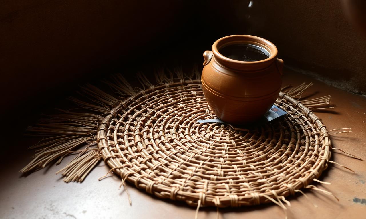 Traditional Indian khus mat woven from vetiver root, beside a clay water pot.