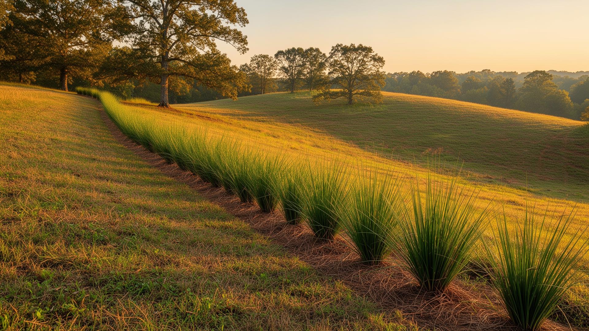 Vetiver hedge growing across a Georgia hillside