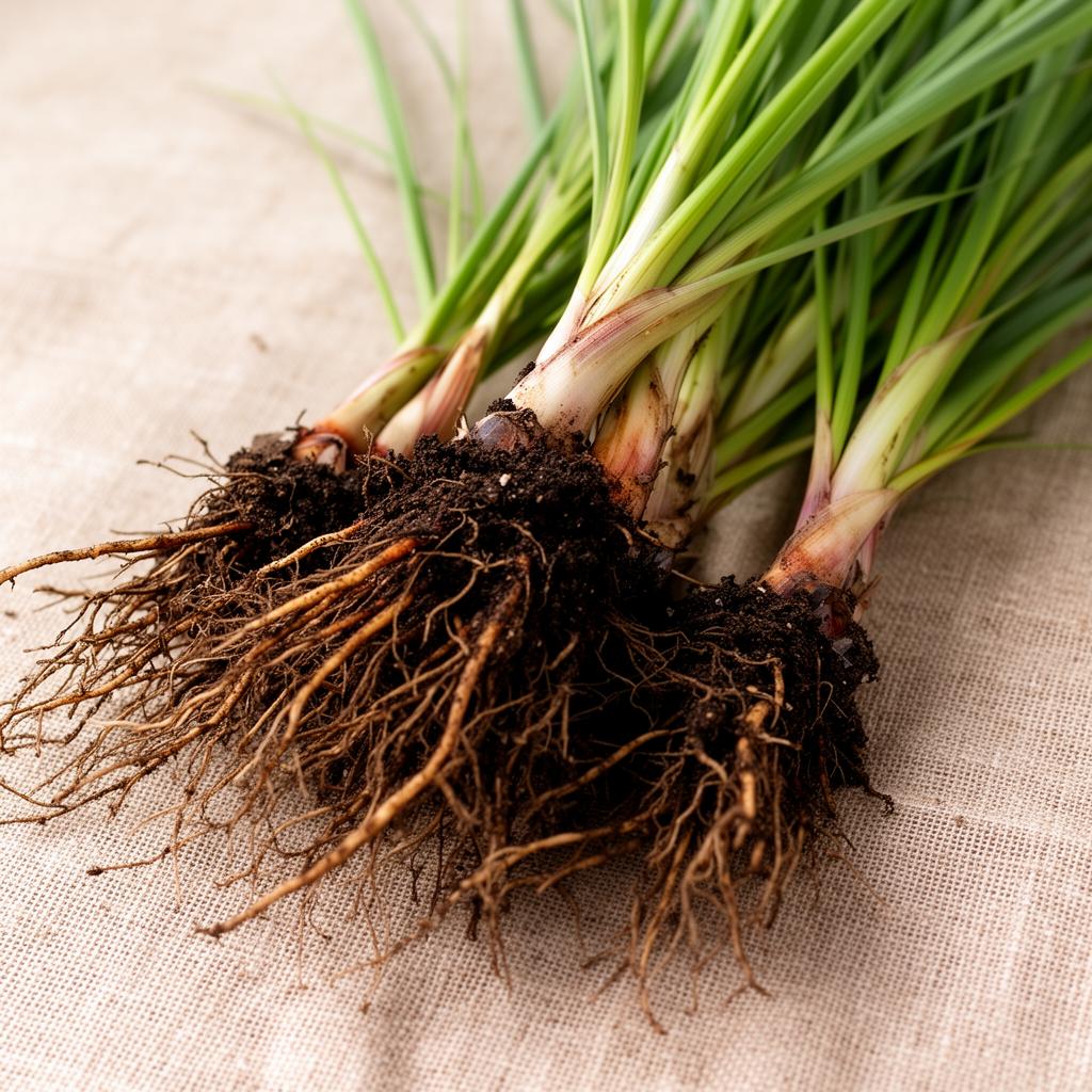 Freshly harvested vetiver slips with deep root systems