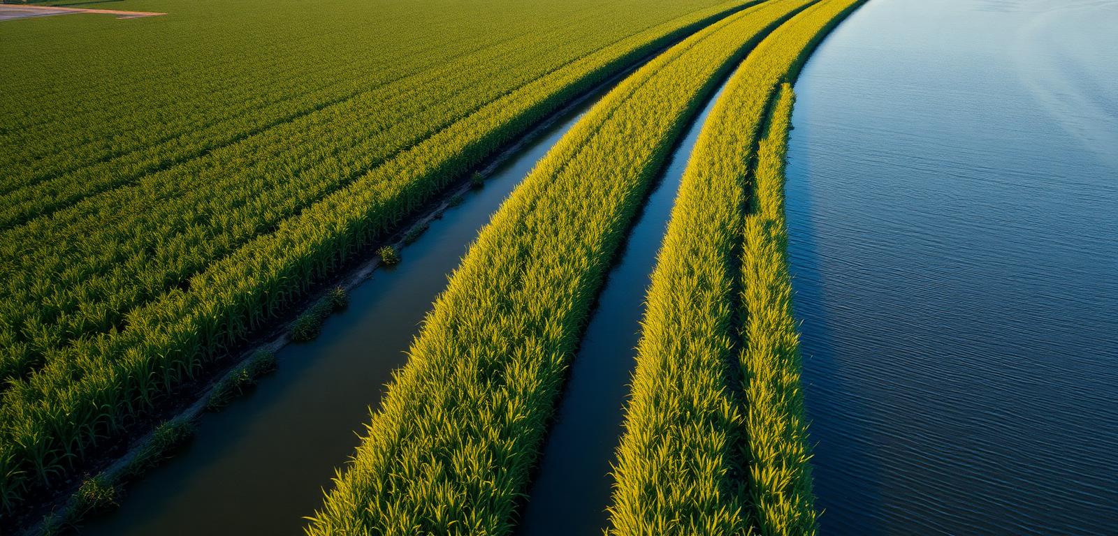 Aerial view of a vetiver hedge planted along a Florida farm canal