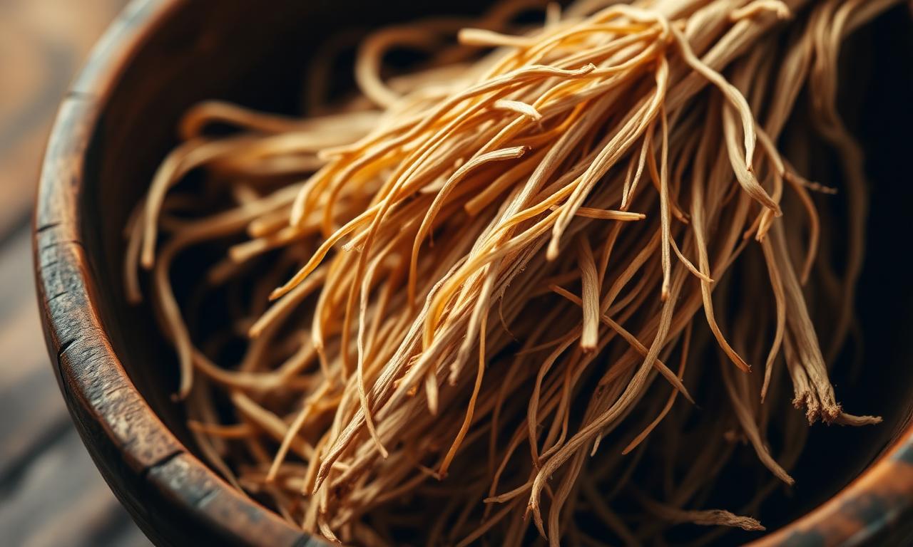 Bundle of dried vetiver roots in a wooden bowl, the source of vetiver's distinctive scent.